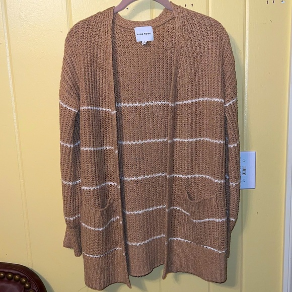 Pink Rose Tan & White Sweater Knit Long Sleeve Cardigan Open Front Size S - Picture 5 of 14